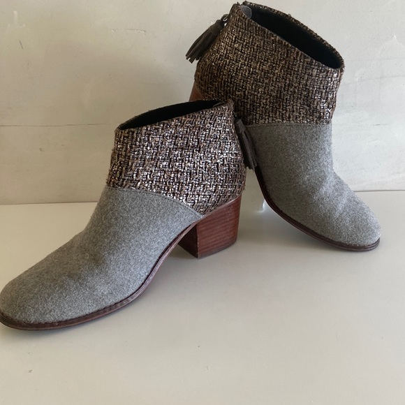 Tom's chunky heel grey and brown tone tweed shoe boots with fringe zipper detail - Picture 2 of 16